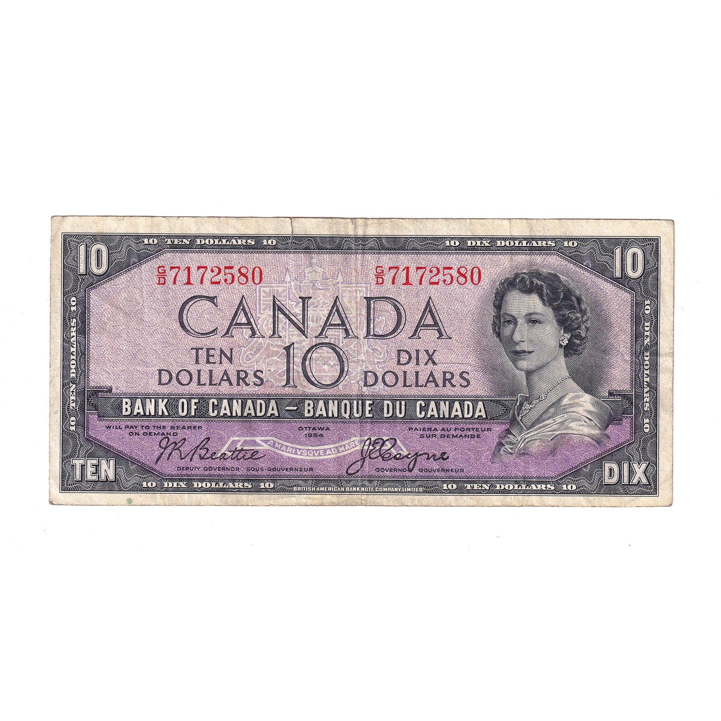 BC-32b 1954 Canada $10 Beattie-Coyne, Devil's Face, G/D, VF (tear)
