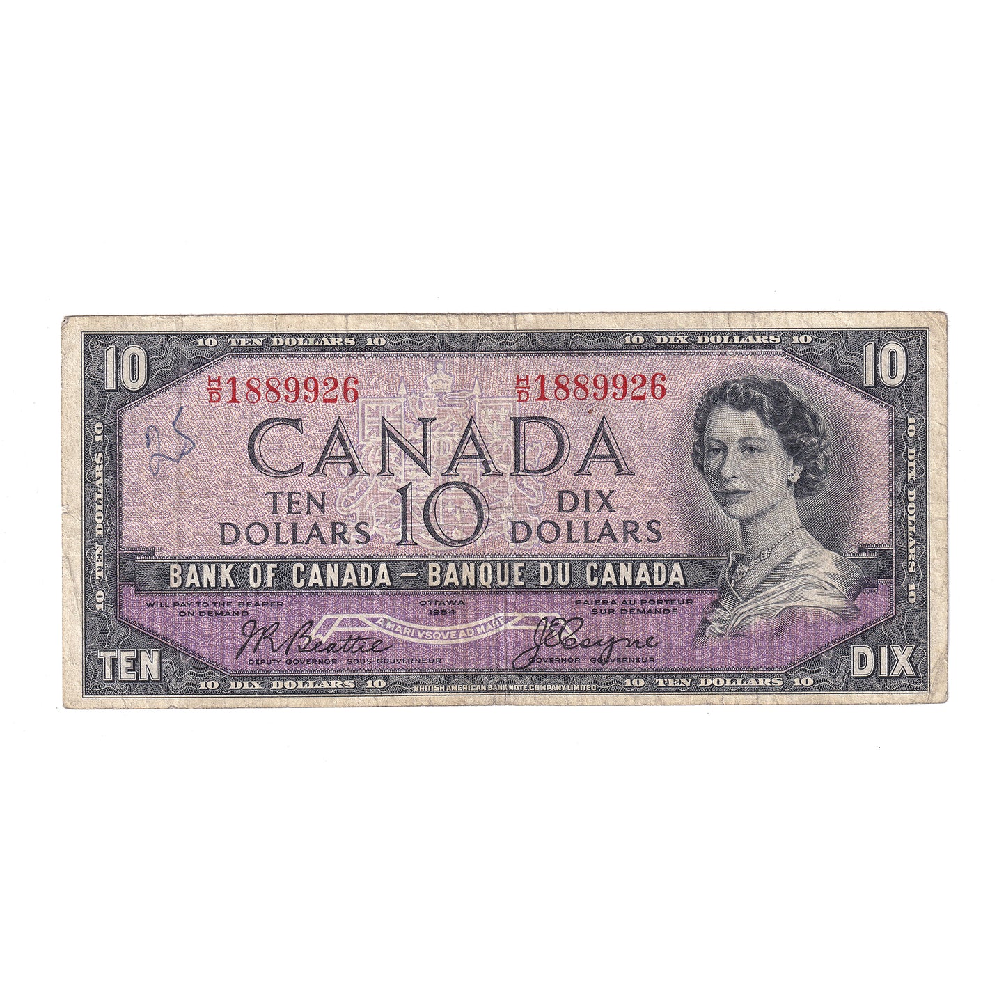 BC-32b 1954 Canada $10 Beattie-Coyne, Devil's Face, H/D, F (writing)
