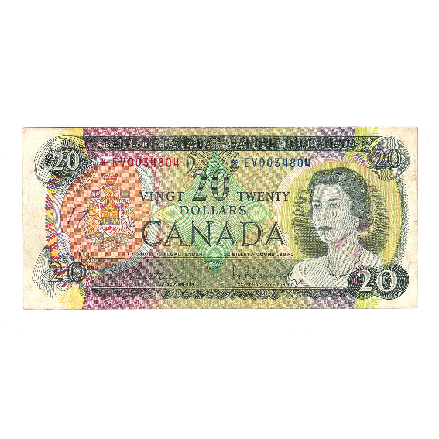 BC-50aA 1969 Canada $20 Beattie-Rasminsky, *EV, F-VF (dam'g)