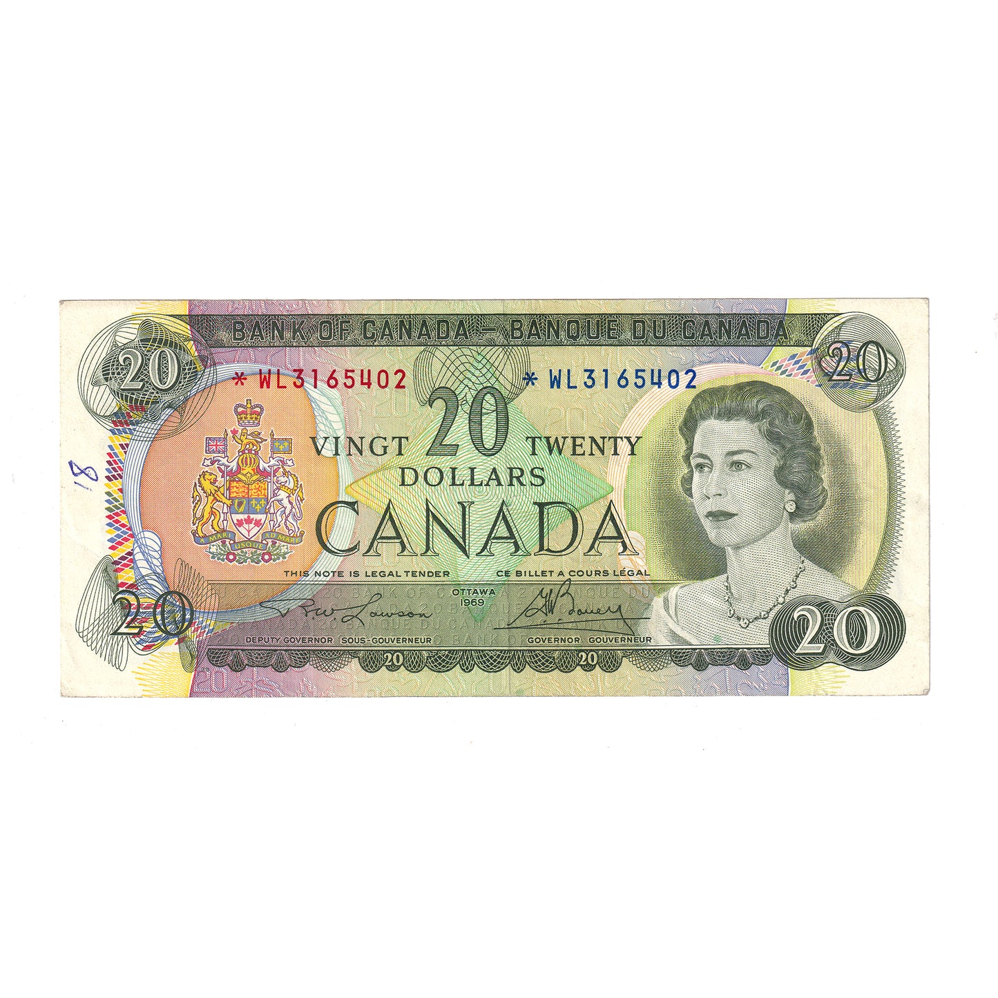 BC-50bA 1969 Canada $20 Lawson-Bouey, *WL, VF-EF (writing)