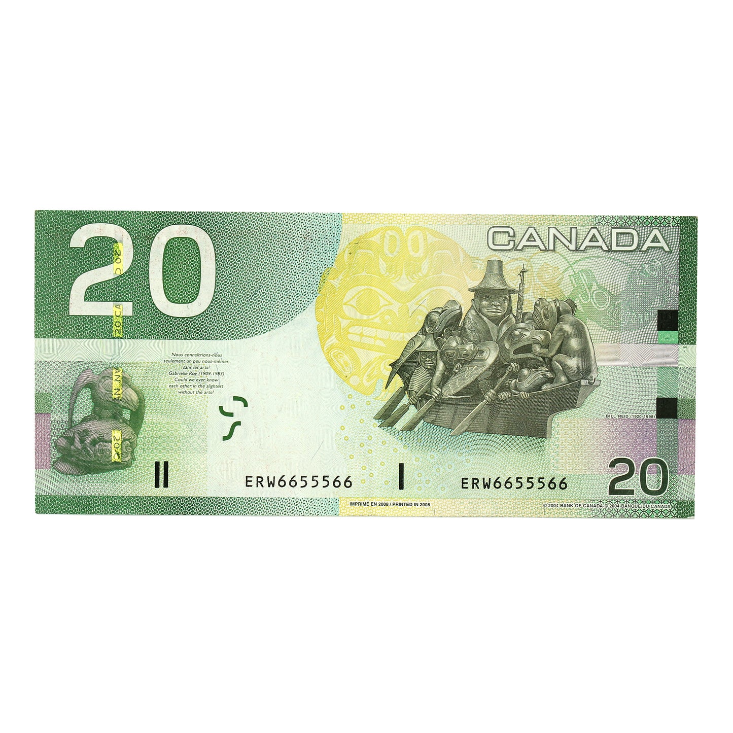 BC-64b-N1-ii 2008 Canada $20 Jenkins-Carney, 2 Digit RADAR ERW6655566, VF-EF