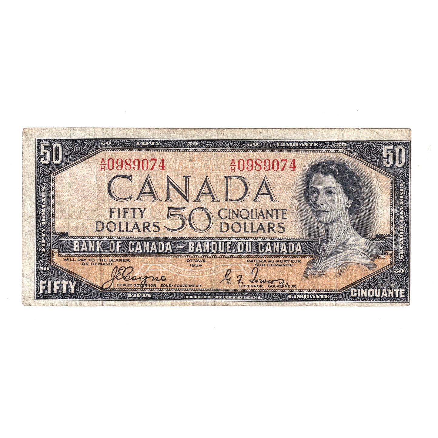 BC-34a 1954 Canada $50 Coyne-Towers, Devil's Face, A/H, F-VF (tear)