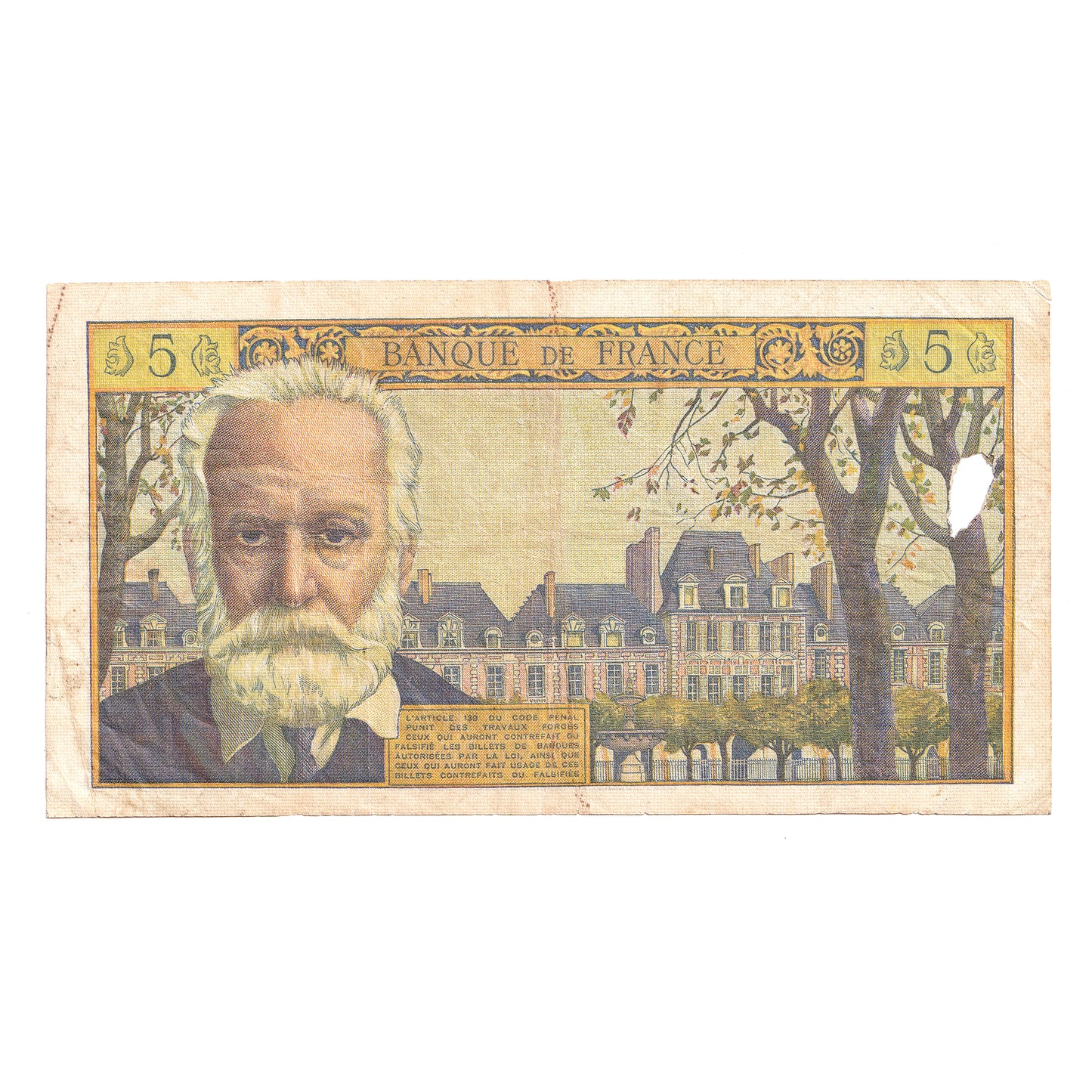 France 1959 5 Francs Note, Pick #141, EF (hole)