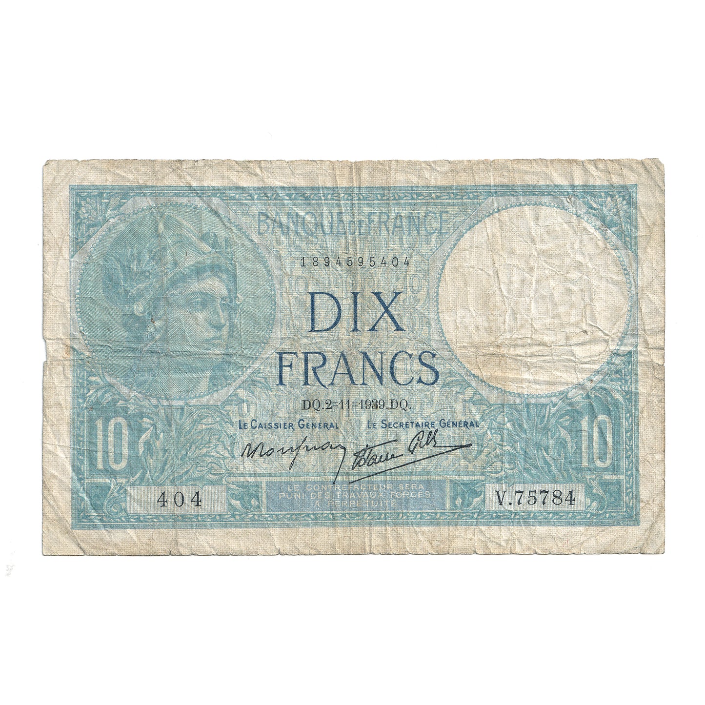 France 1939 10 Francs Note, Pick #84