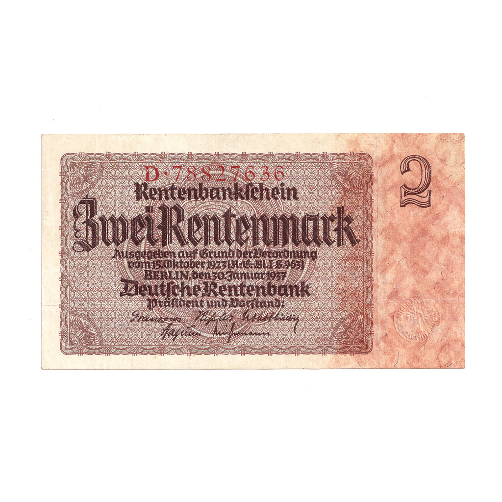 Germany 1937 2 Rentenmark Note, Pick #174, UNC