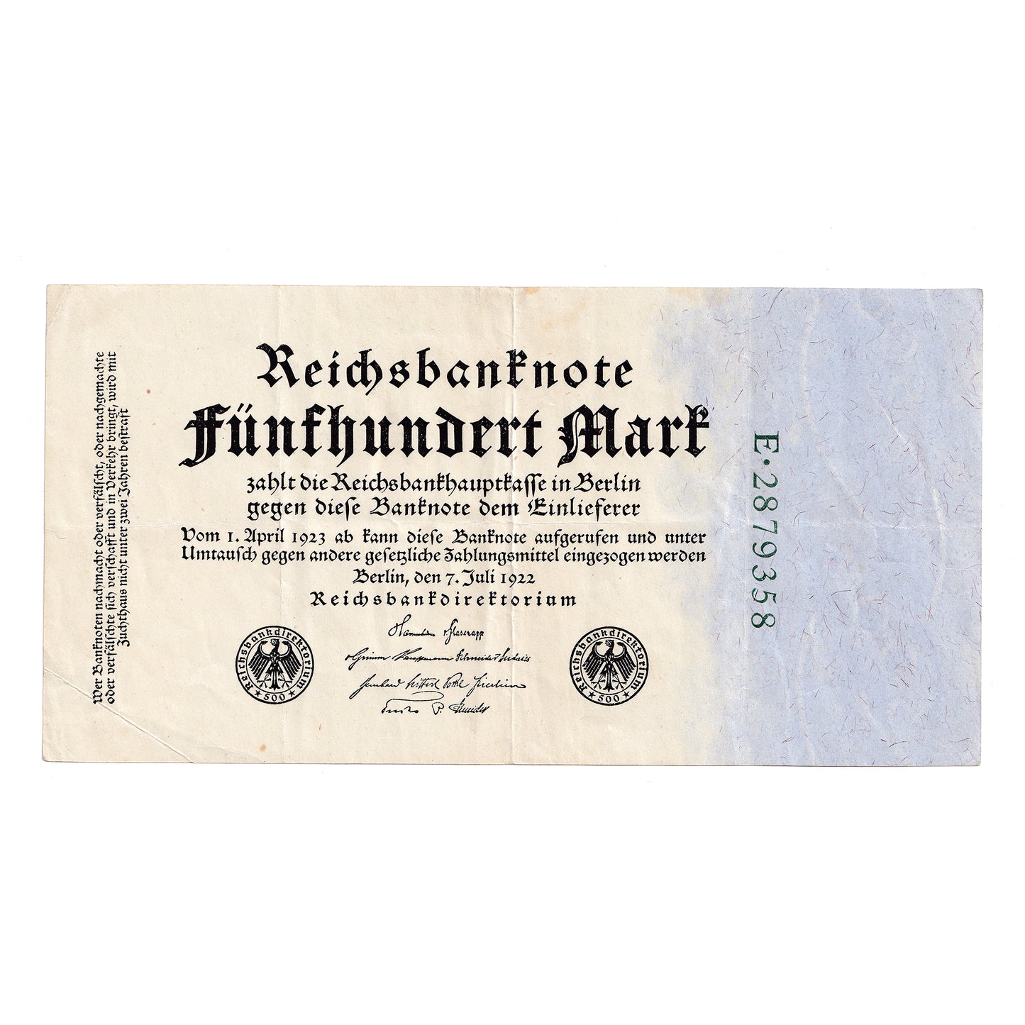 Germany 1922 500 Mark Note, Pick #74b, 7 Digit, VF-EF (holes)