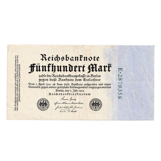 Germany 1922 500 Mark Note, Pick #74b, 7 Digit, VF-EF (holes)