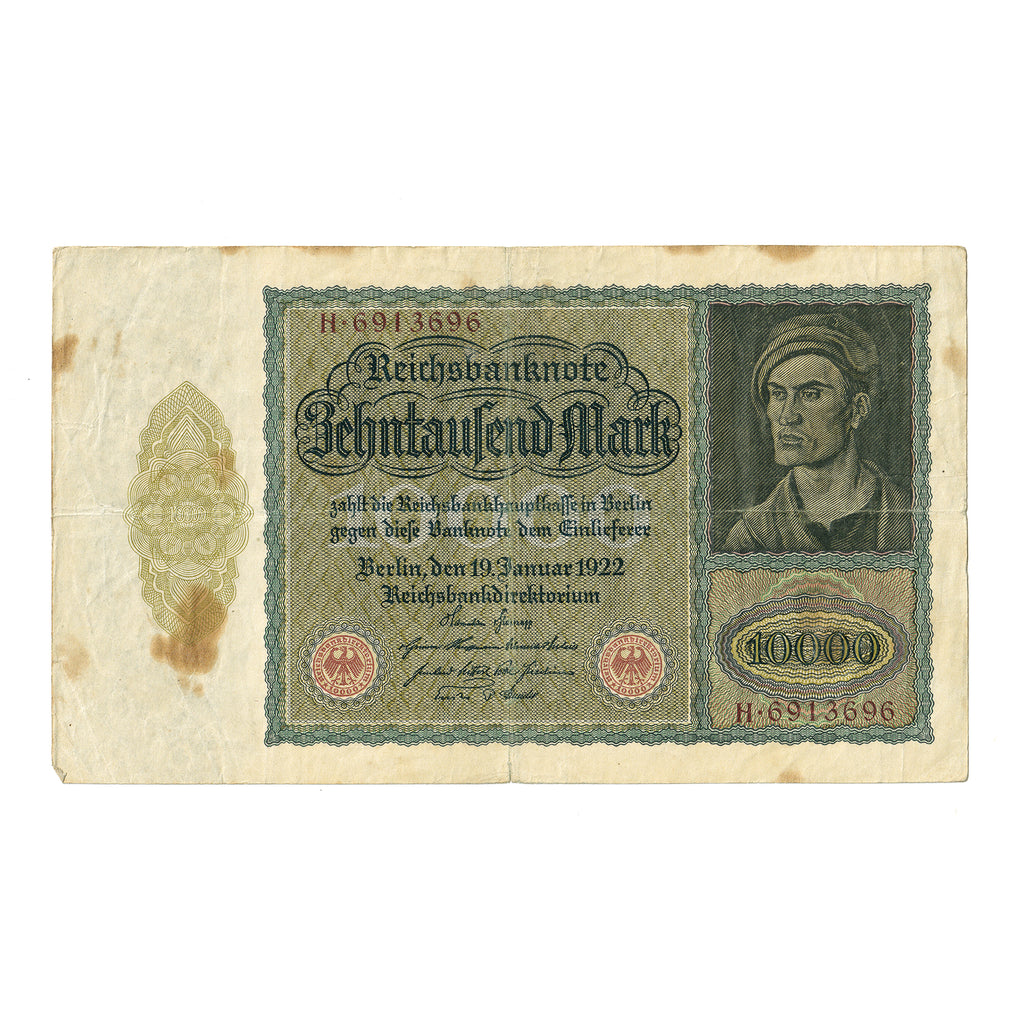 Germany 1922 10,000 Mark Note, Pick #71, VF (dam'g)