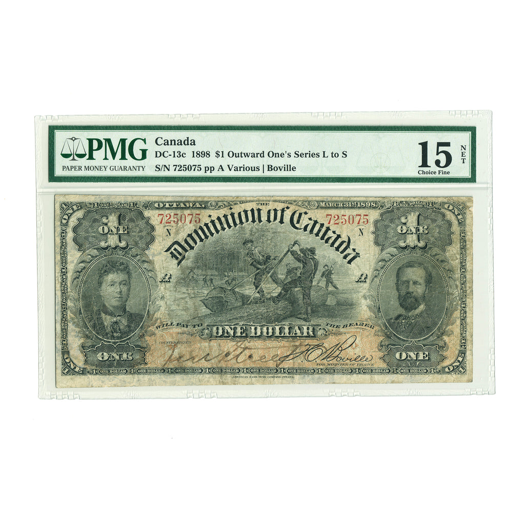 DC-13c 1898 Dominion $1 Various-Boville, Outward One's, Series L to S, PMG Cert. F15 (repaired, rust)