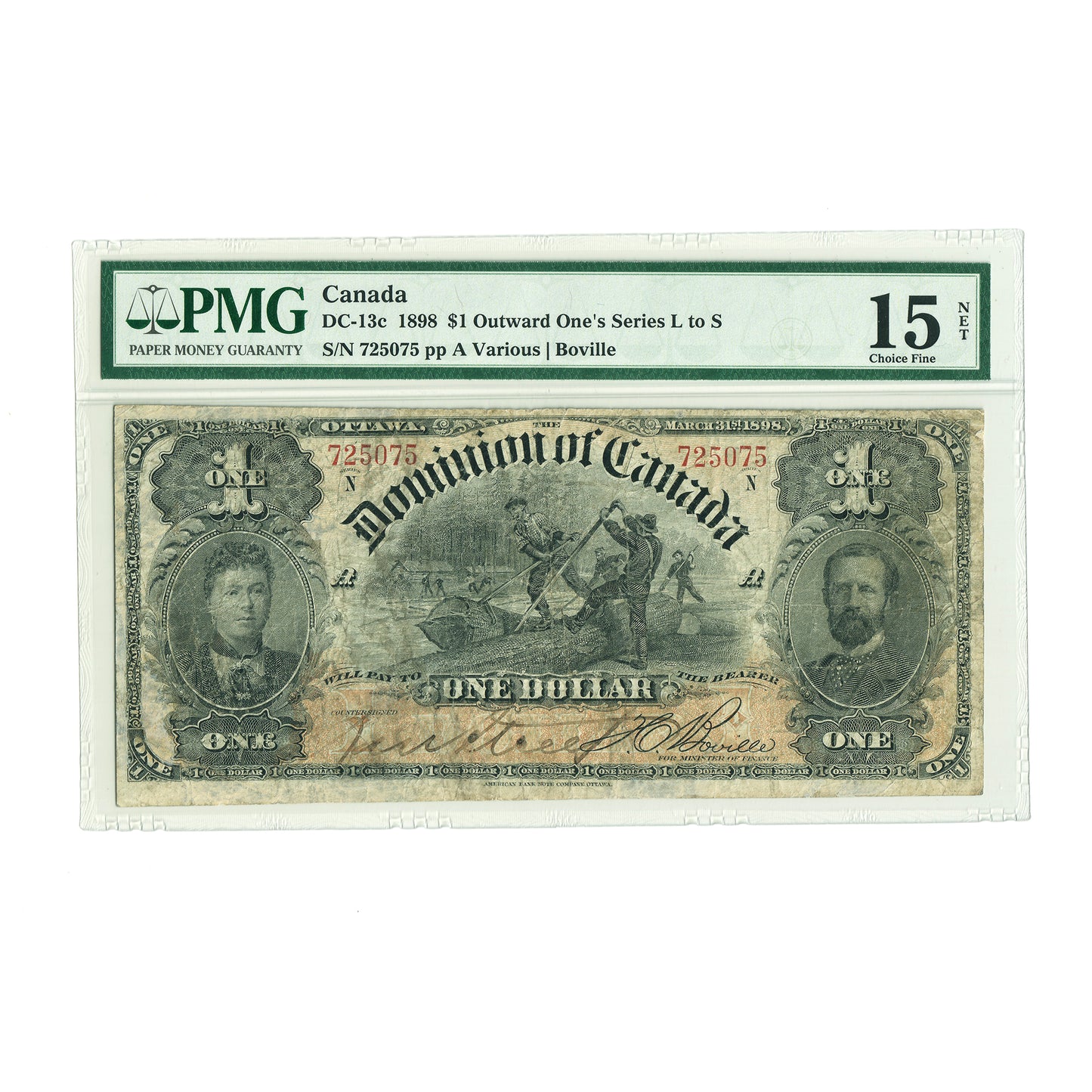 DC-13c 1898 Dominion $1 Various-Boville, Outward One's, Series L to S, PMG Cert. F15 (repaired, rust)