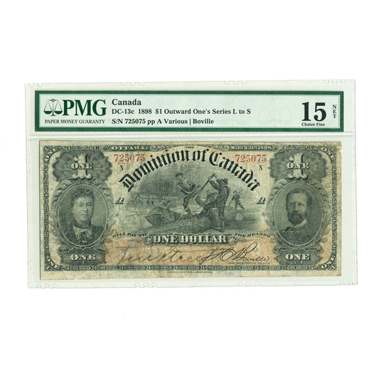 DC-13c 1898 Dominion $1 Various-Boville, Outward One's, Series L to S, PMG Cert. F15 (repaired, rust)