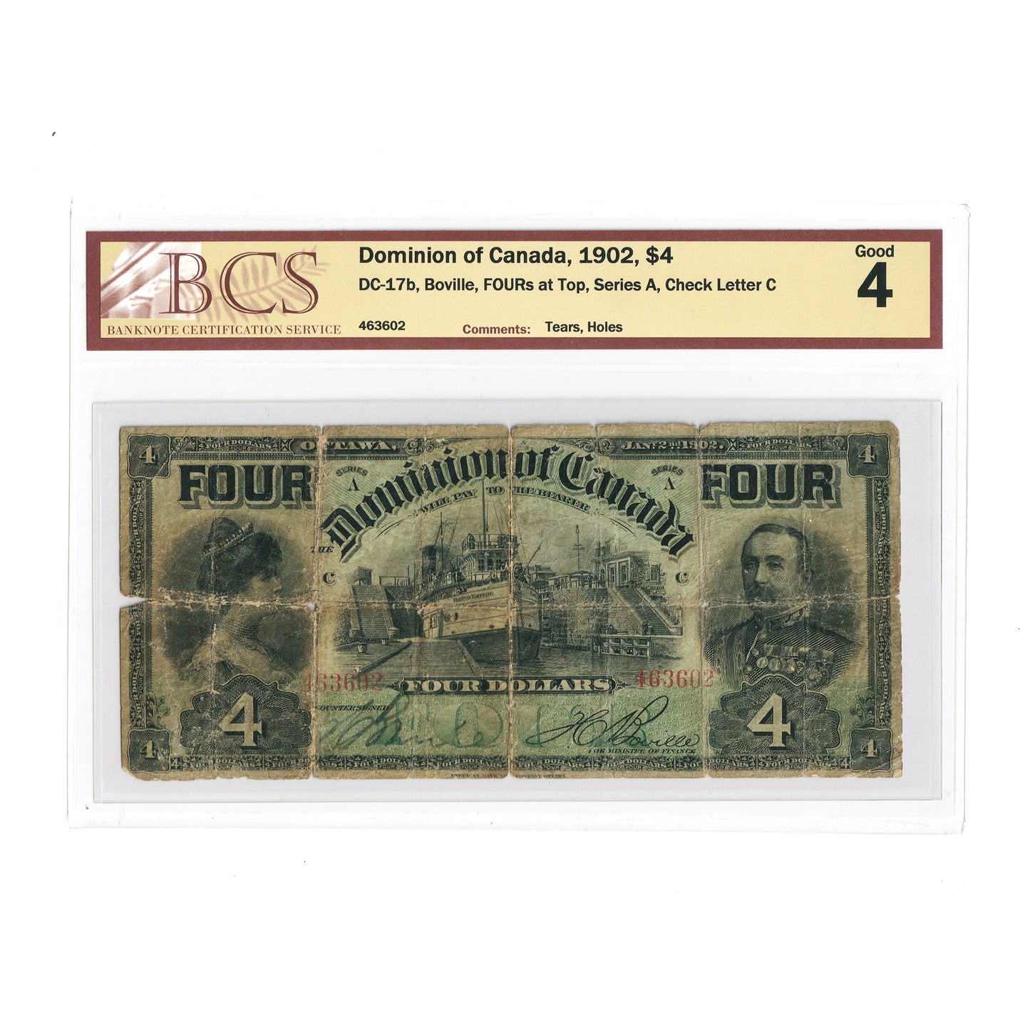 DC-17b 1902 Dominion $4 Various-Boville, FOURs at Top, Series A, Check Letter C, BCS Cert. G-4 (tears, holes)