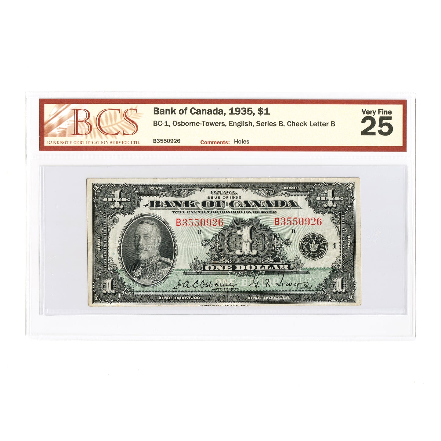 BC-1 1935 Canada $1 Osborne-Towers, English, Series B, Check Letter B, BCS Certified VF-25 (holes)