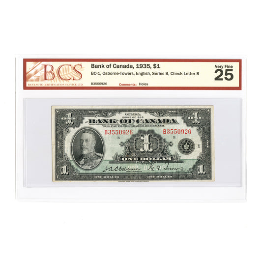 BC-1 1935 Canada $1 Osborne-Towers, English, Series B, Check Letter B, BCS Certified VF-25 (holes)
