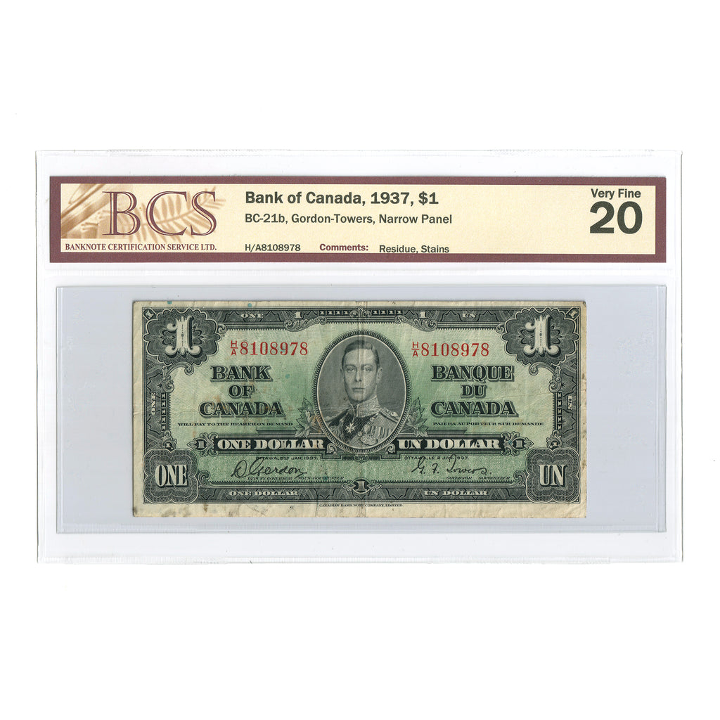 BC-21b 1937 Canada $1 Gordon-Towers, Narrow Panel, H/A, BCS Certified VF20 (residue, stains)