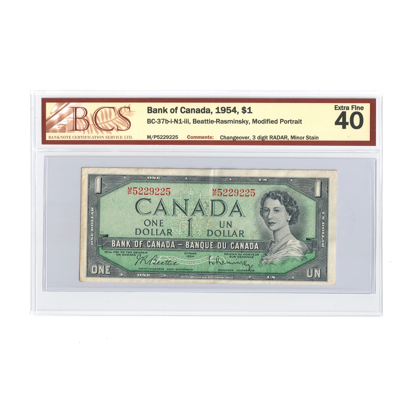 BC-37b-i-N1-iii 1954 Canada $1 B-R, Modified, Changeover, 3 digit RADAR, BCS Cert. EF-40 (minor stain)