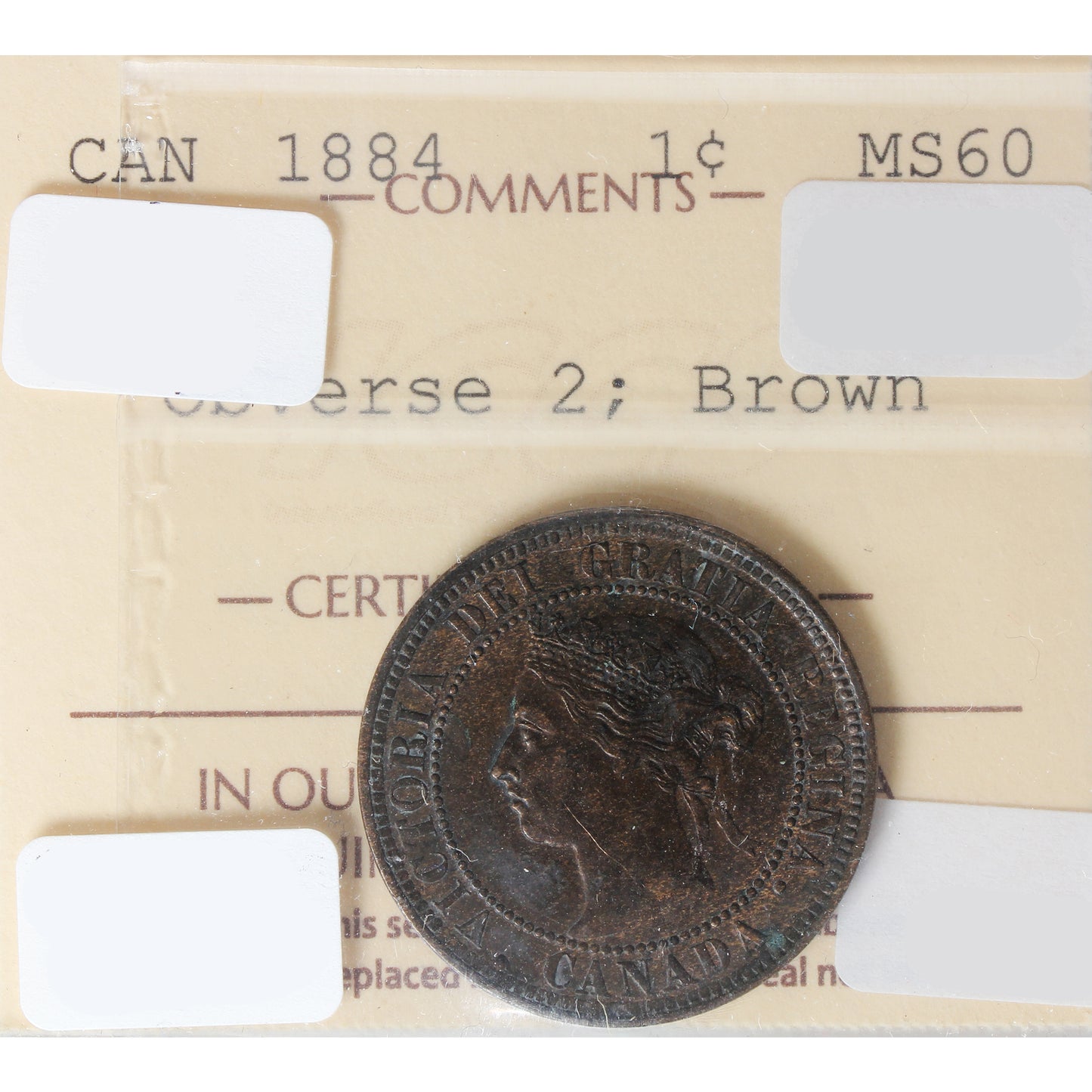 1884 Obv. 2 Canada 1-cent ICCS Certified MS60 Toned