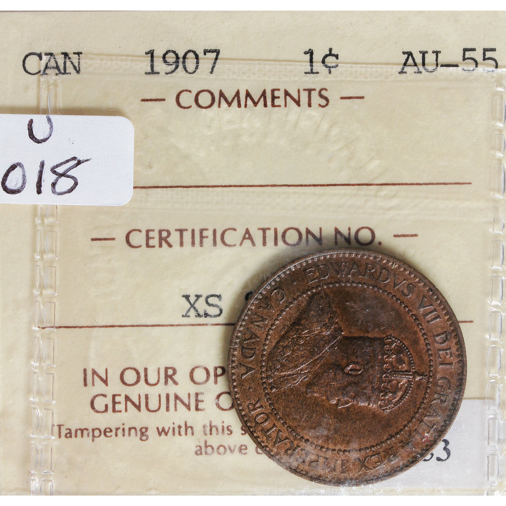 1907 Canada 1-cent ICCS Certified AU55