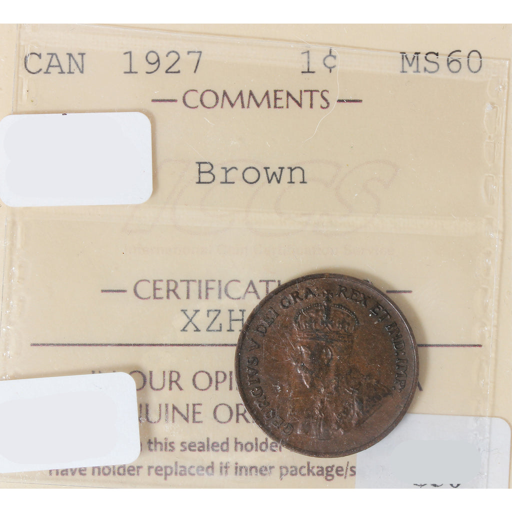 1927 Canada 1-cent ICCS Certified MS60 Brown