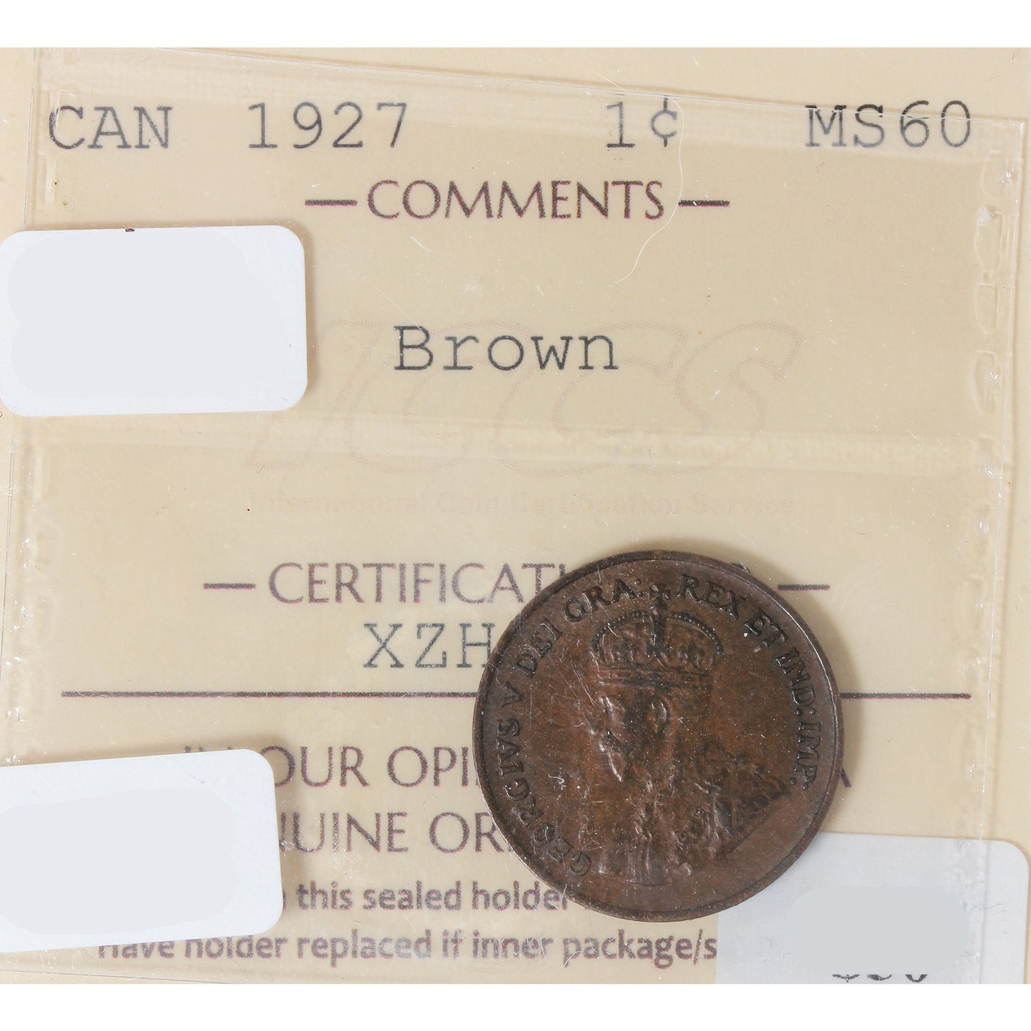 1927 Canada 1-cent ICCS Certified MS60 Brown
