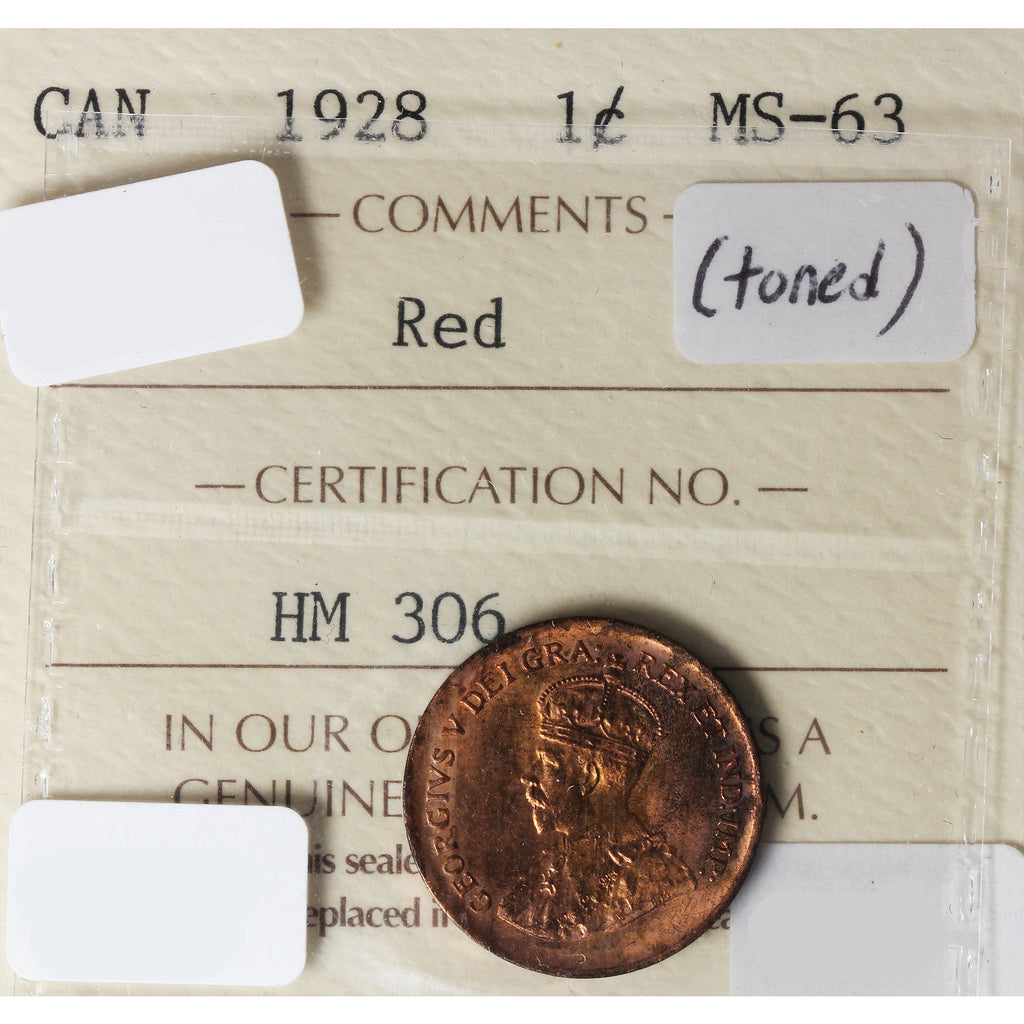 1928 Canada 1-cent ICCS Certified MS63 Red Toned