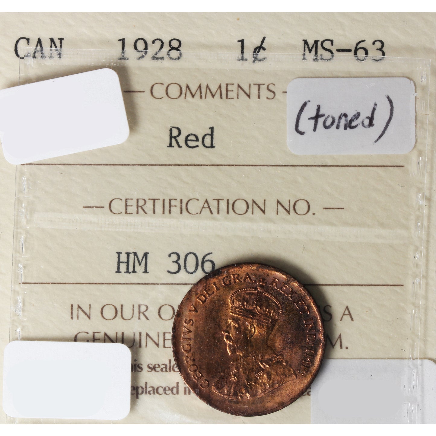 1928 Canada 1-cent ICCS Certified MS63 Red Toned