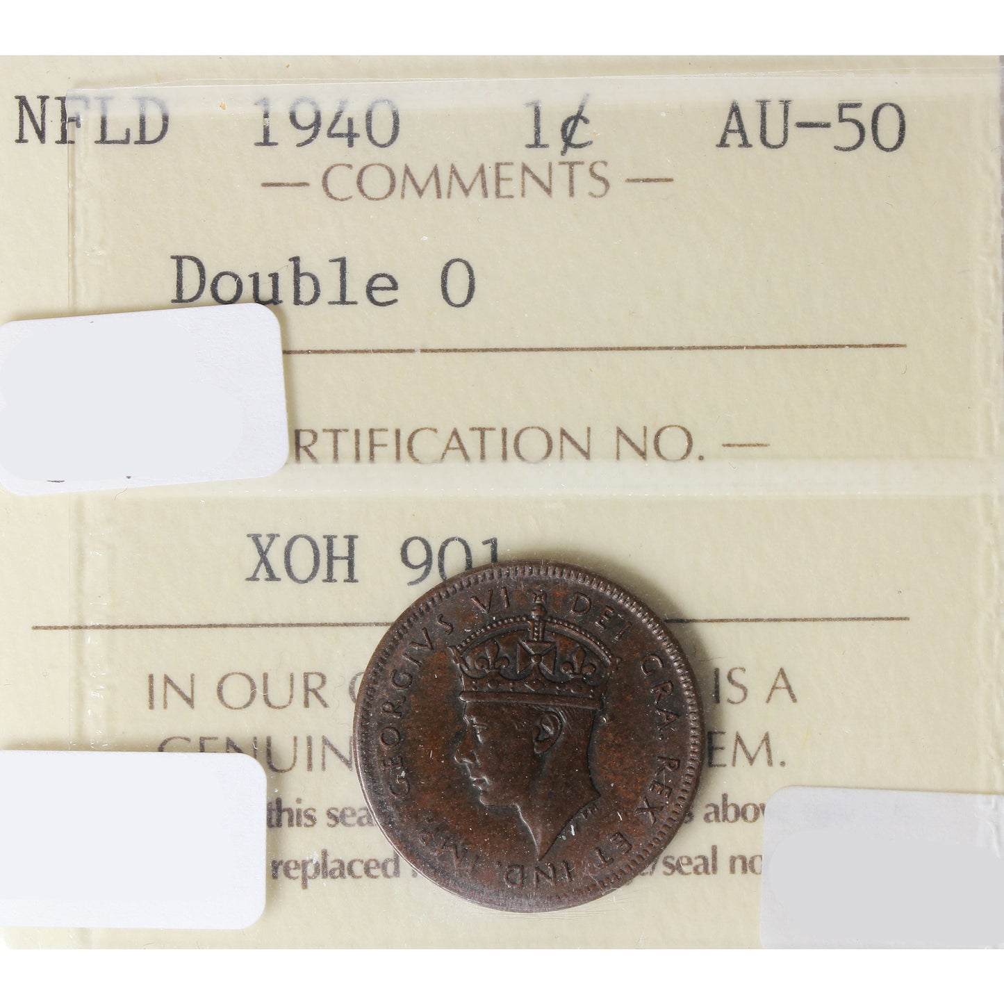 1940 Double 0 Newfoundland 1-cent ICCS Certified AU50