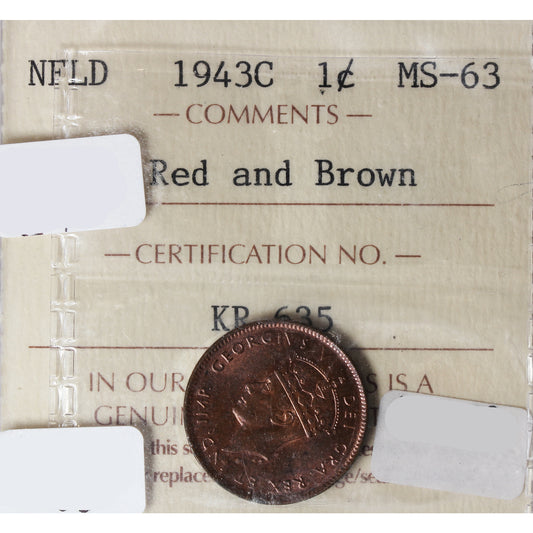 1943C Newfoundland 1-cent ICCS Certified MS63 Red and Brown