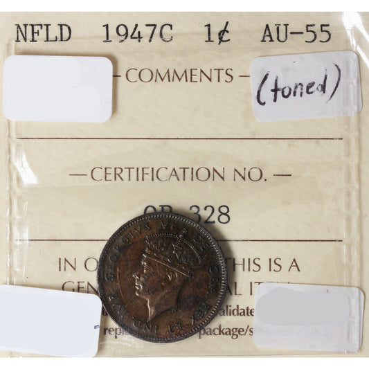 1947C Newfoundland 1-cent ICCS Certified AU55 Toned