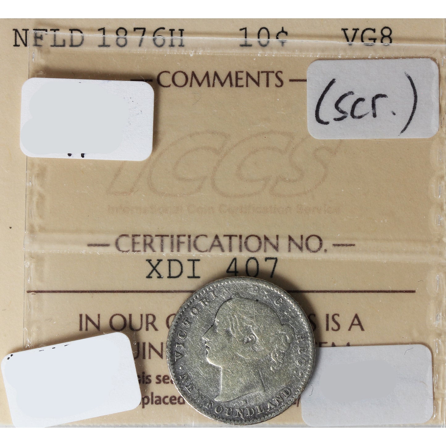 1876H Newfoundland 10-cents ICCS Certified VG8 Scratched