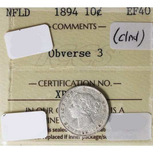 1894 Obv. 3 Newfoundland 10-cents ICCS Certified EF40 Cleaned