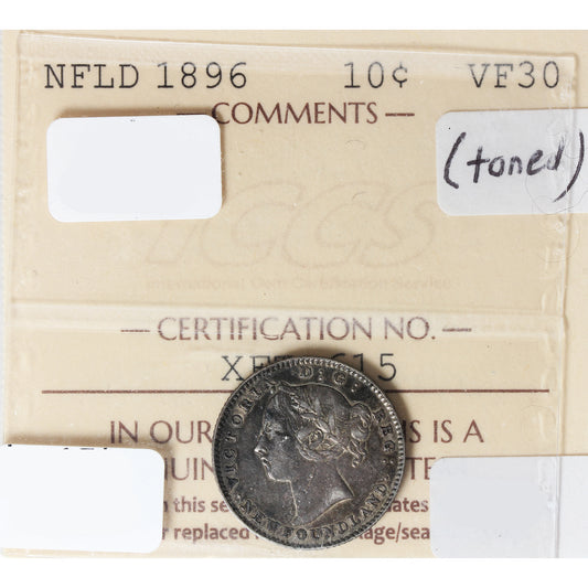 1896 Newfoundland 10-cents ICCS Certified VF30 Toned