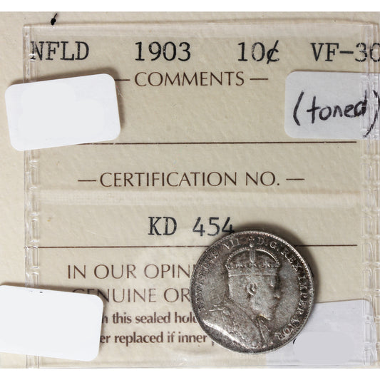 1903 Newfoundland 10-cents ICCS Certified VF30 Toned
