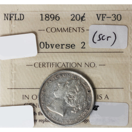 1896 Obv. 2 Newfoundland 20-cents ICCS Certified VF30 Scratched