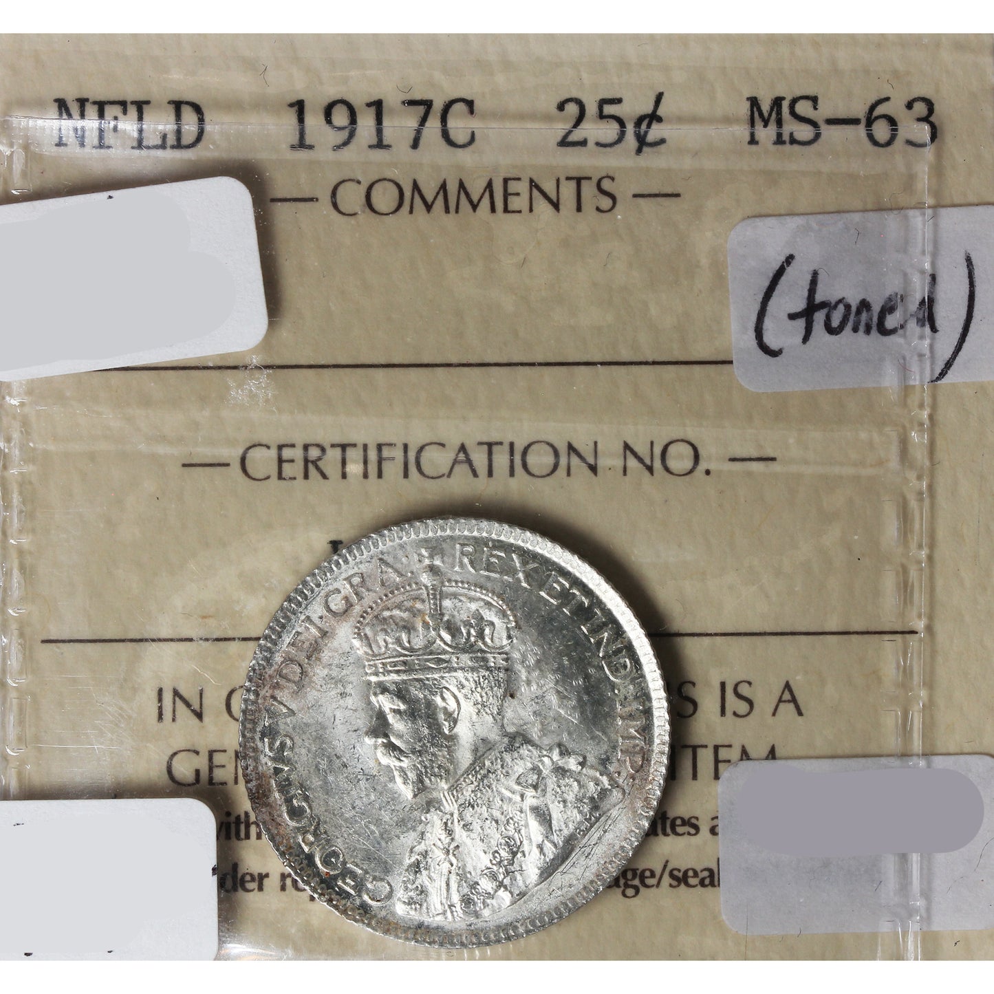 1917C Newfoundland 25-cents ICCS Certified MS63 Toned