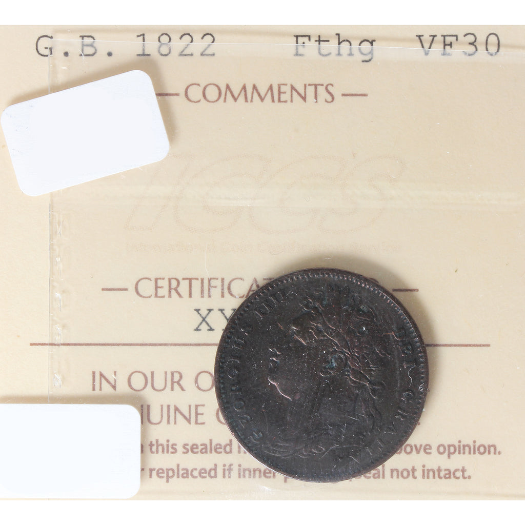 1822 Great Britain Farthing ICCS Certified VF30