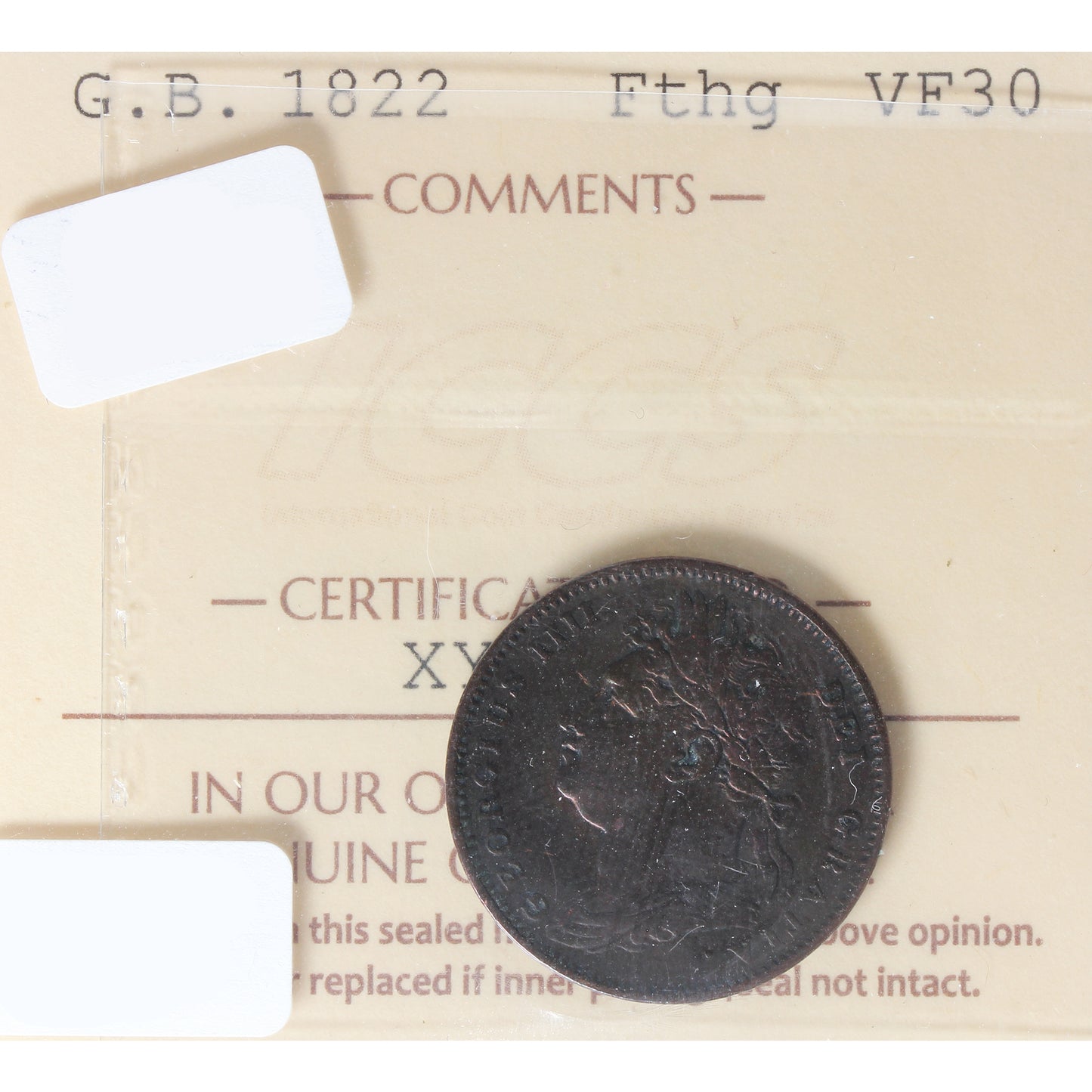 1822 Great Britain Farthing ICCS Certified VF30