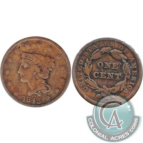 1843 Petite Head Small Letters USA Cent F-VF (F15)