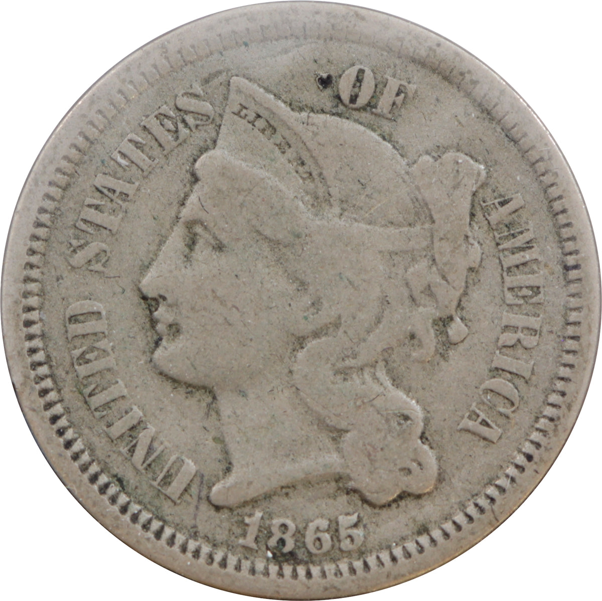 1865 Nickel USA 3 Cents Fine (F12)