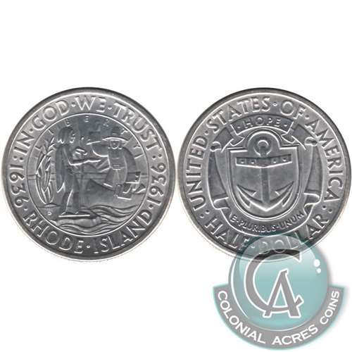 1936 D Rhode Island Tercentenary US Half Dollar Brilliant UNC. (MS63) $