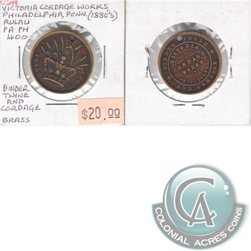 1880's Brass USA Token Victoria Cordage Works Philadelphia (Holed)