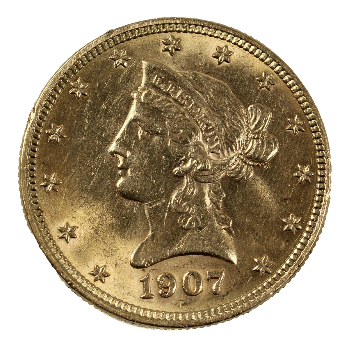 1907 USA $10 Gold Eagle UNC (MS60) Nicks