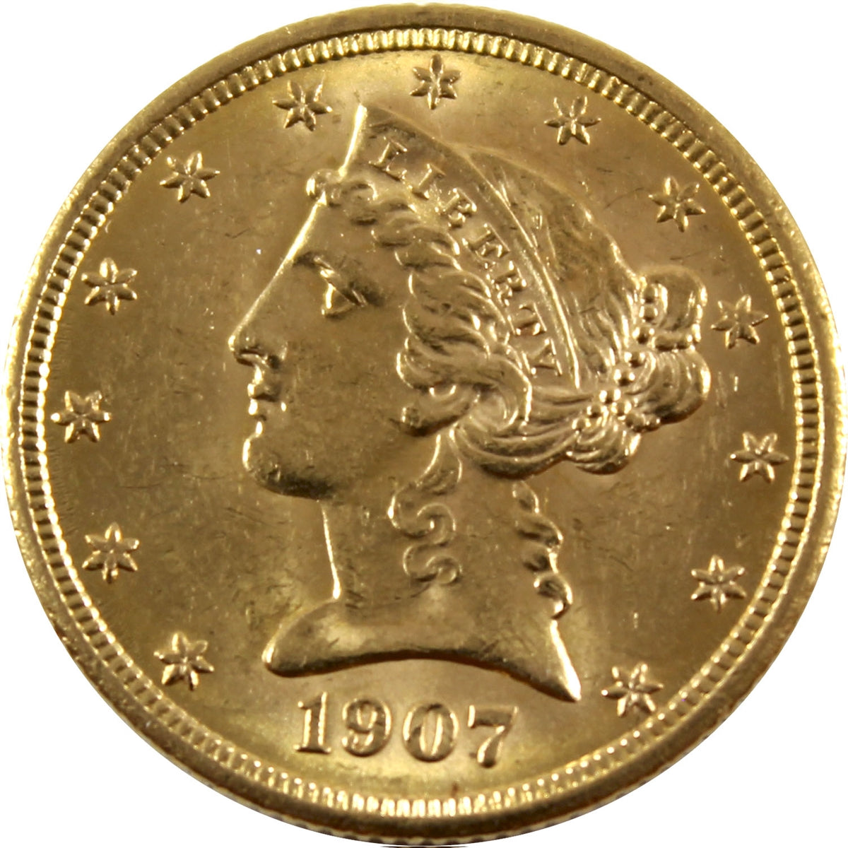 1907 USA $5 Gold Half Eagle Uncirculated (MS60)