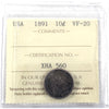 1891 USA Dime ICCS Certified VF20