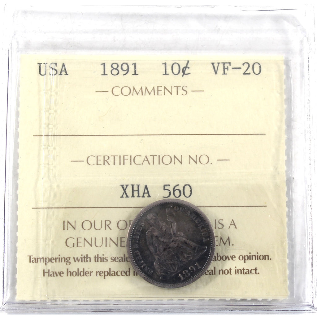 1891 USA Dime ICCS Certified VF20