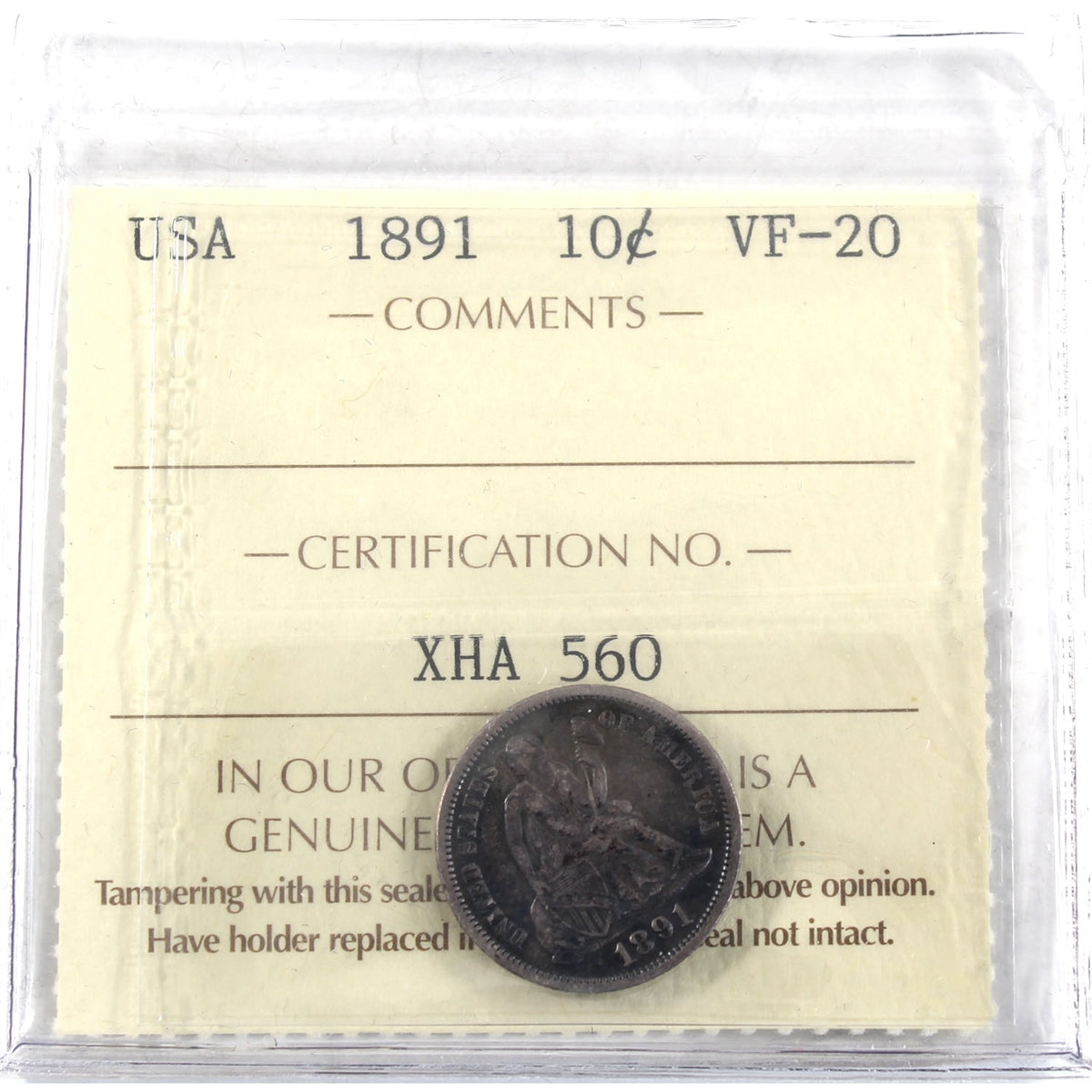 1891 USA Dime ICCS Certified VF20