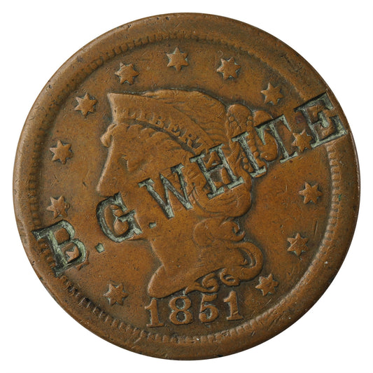 1851 USA Cent Fine (F-12) B.G. White Counterstamped $