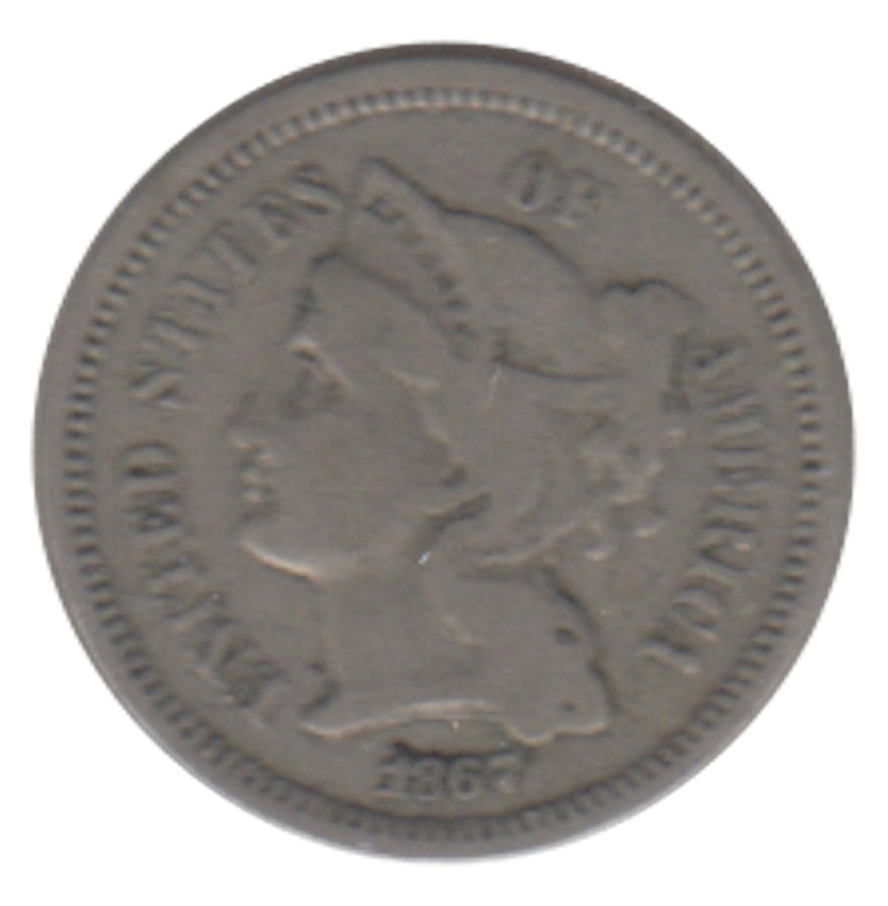 1867 Nickel USA 3 Cents F-VF (F15)