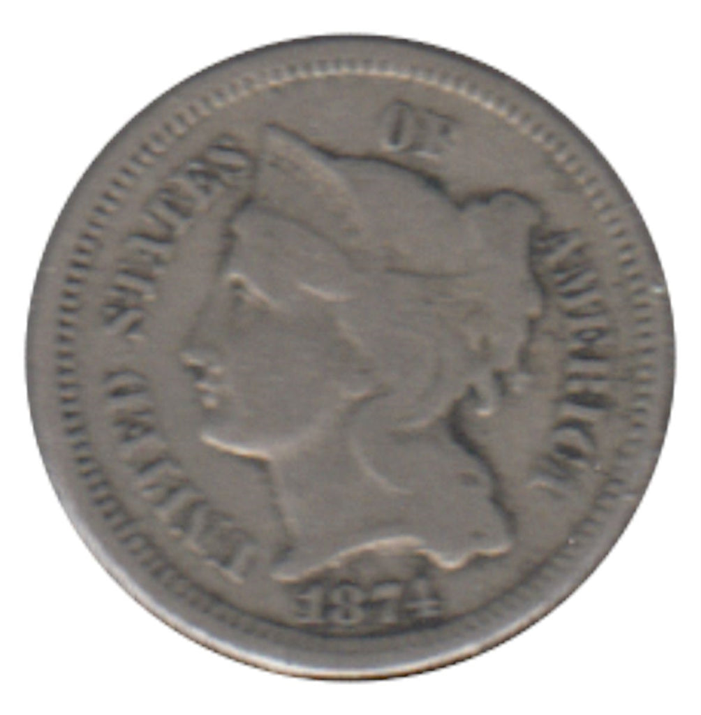 1874 Nickel USA 3 Cents Very Fine (VF20)