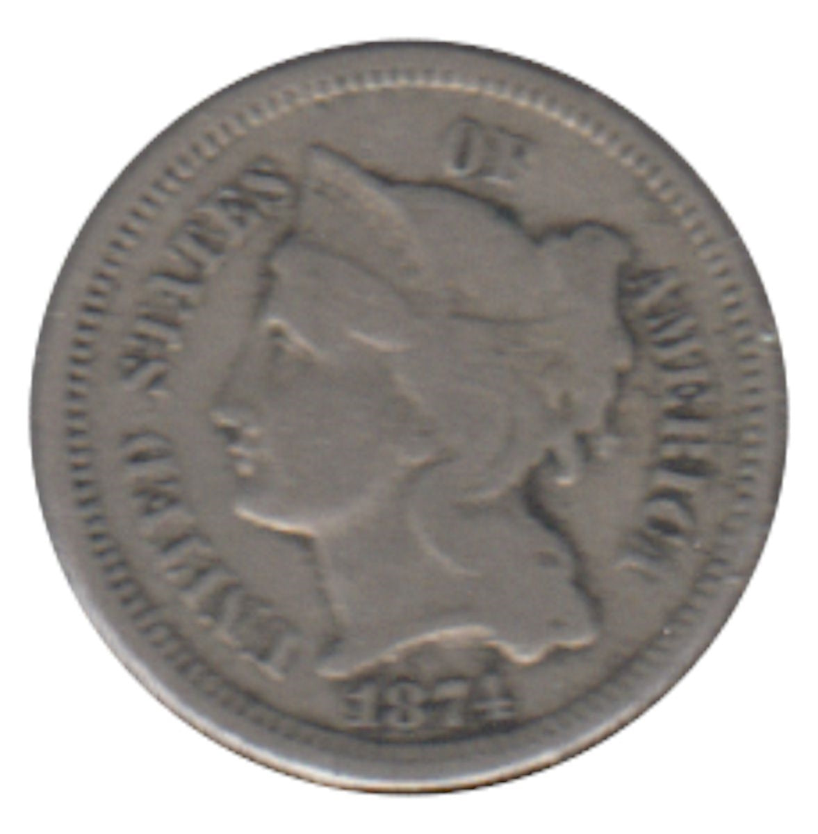 1874 Nickel USA 3 Cents Very Fine (VF20)